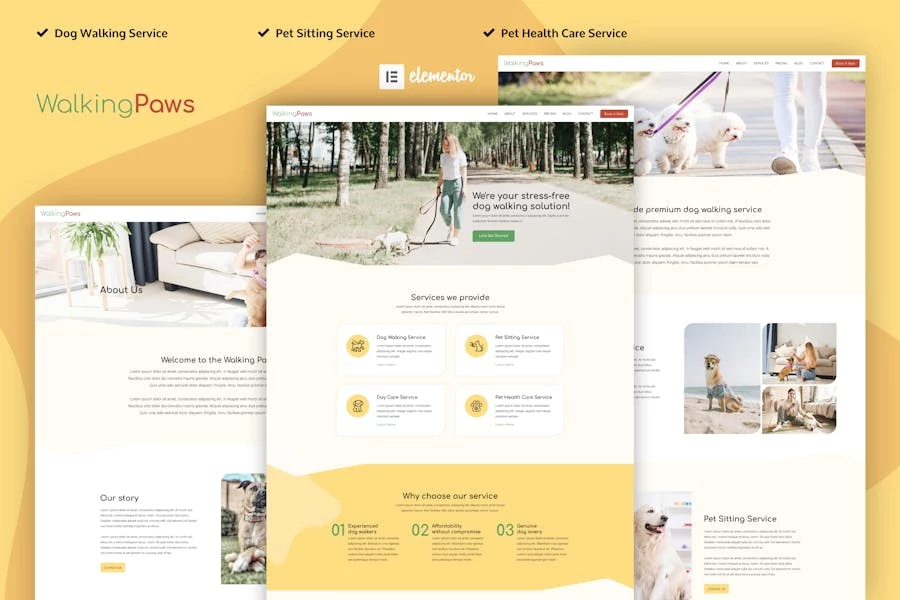 Walking Paws - Kit de plantillas Elementor Pro para paseos de perros y servicios de mascotas