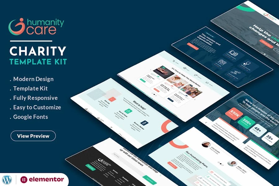 Humanity Care - Plantilla Elementor para organizaciones sin fines de lucro y donaciones