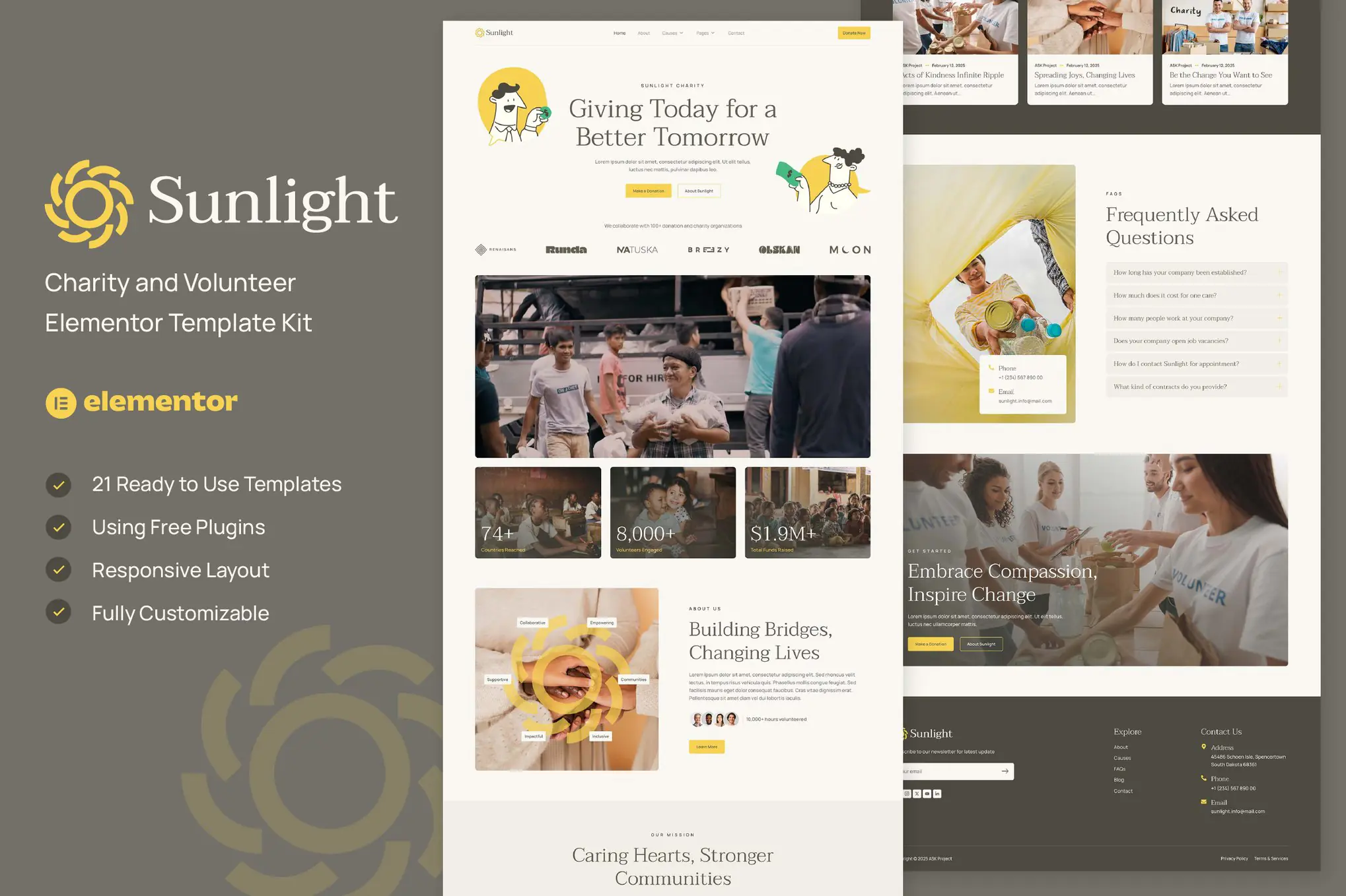 Sunlight - Kit de plantillas Elementor para organizaciones benéficas y voluntarias