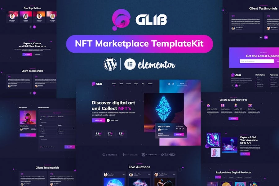 Glib | Template Kit de Elementor Pro de NFT Marketplace