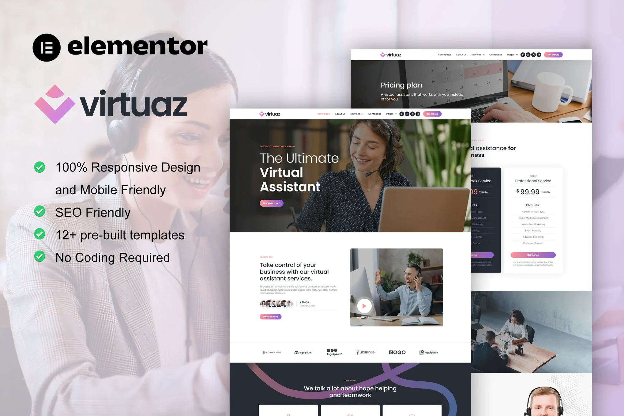 Virtuaz - Kit de plantillas de asistente virtual para empresas Elementor