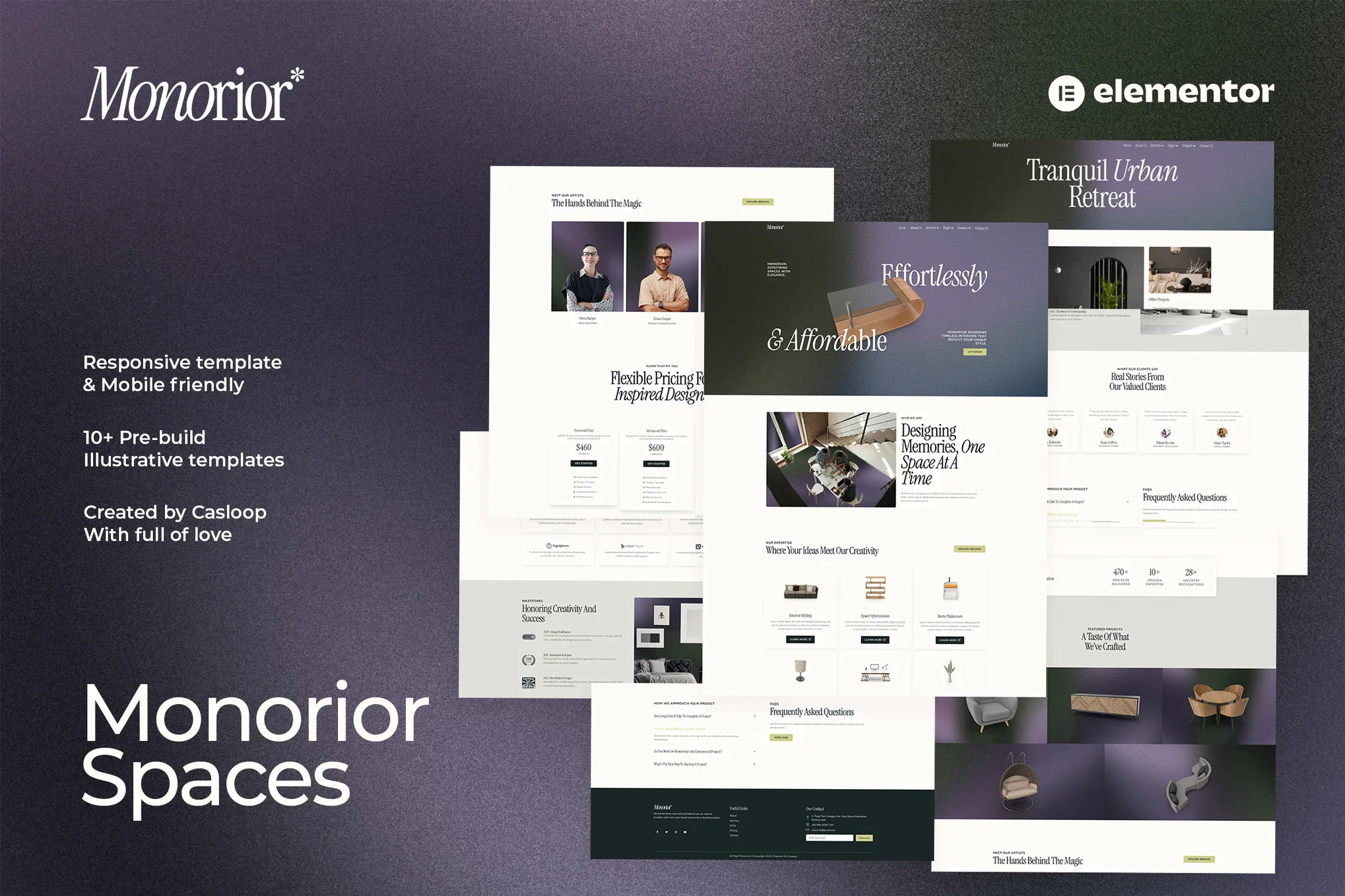 Monorior Space - Kit de plantillas Elementor para interiores degradados