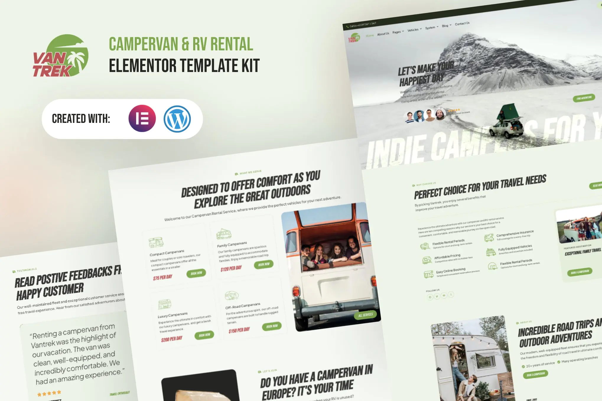 VanTrek - Kit de plantillas Elementor Pro para alquiler de autocaravanas y autocaravanas