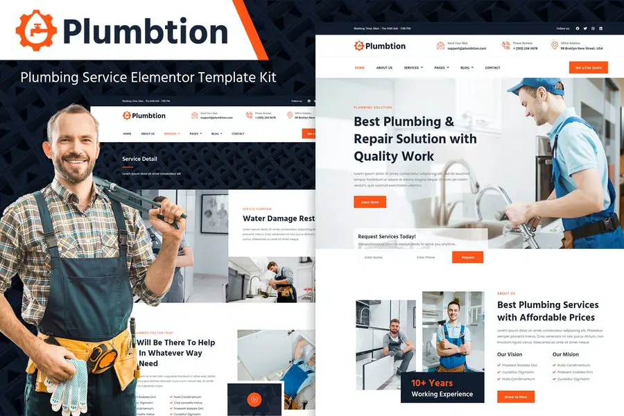 Plumbtion — Kit de plantillas Elementor para servicios de plomería