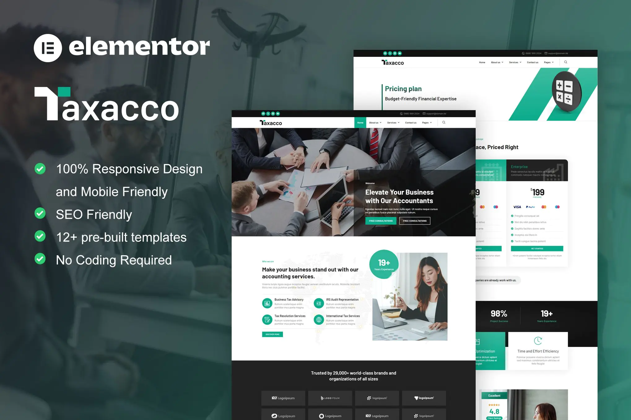 Taxacco - Kit de plantillas Elementor Pro para firmas de contabilidad