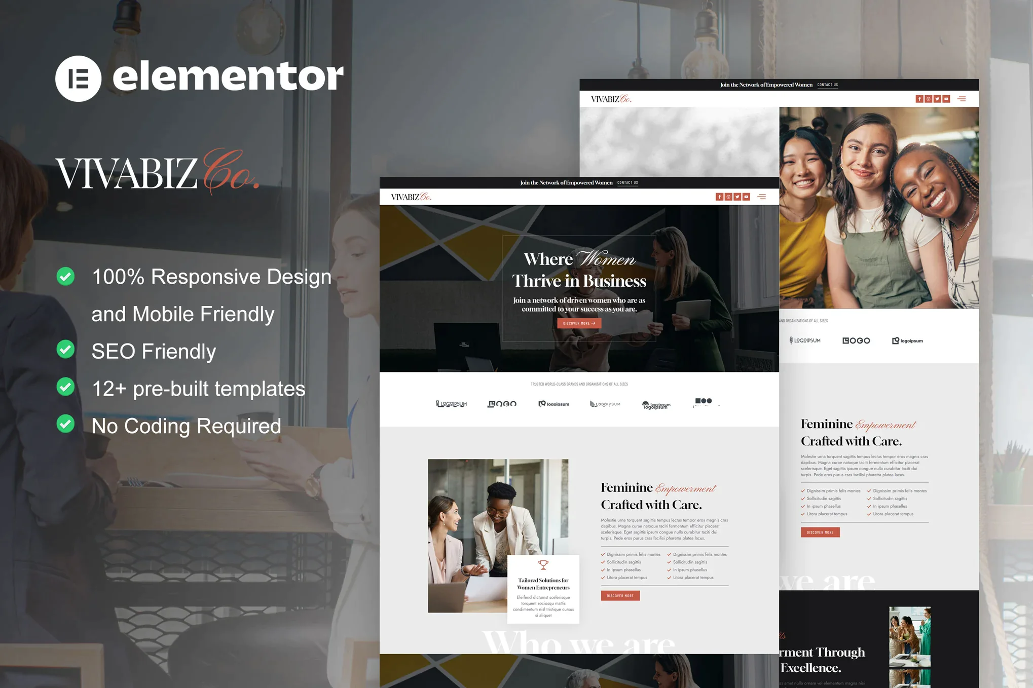 Vivabiz - Kit de plantillas Elementor para coaching empresarial femenino