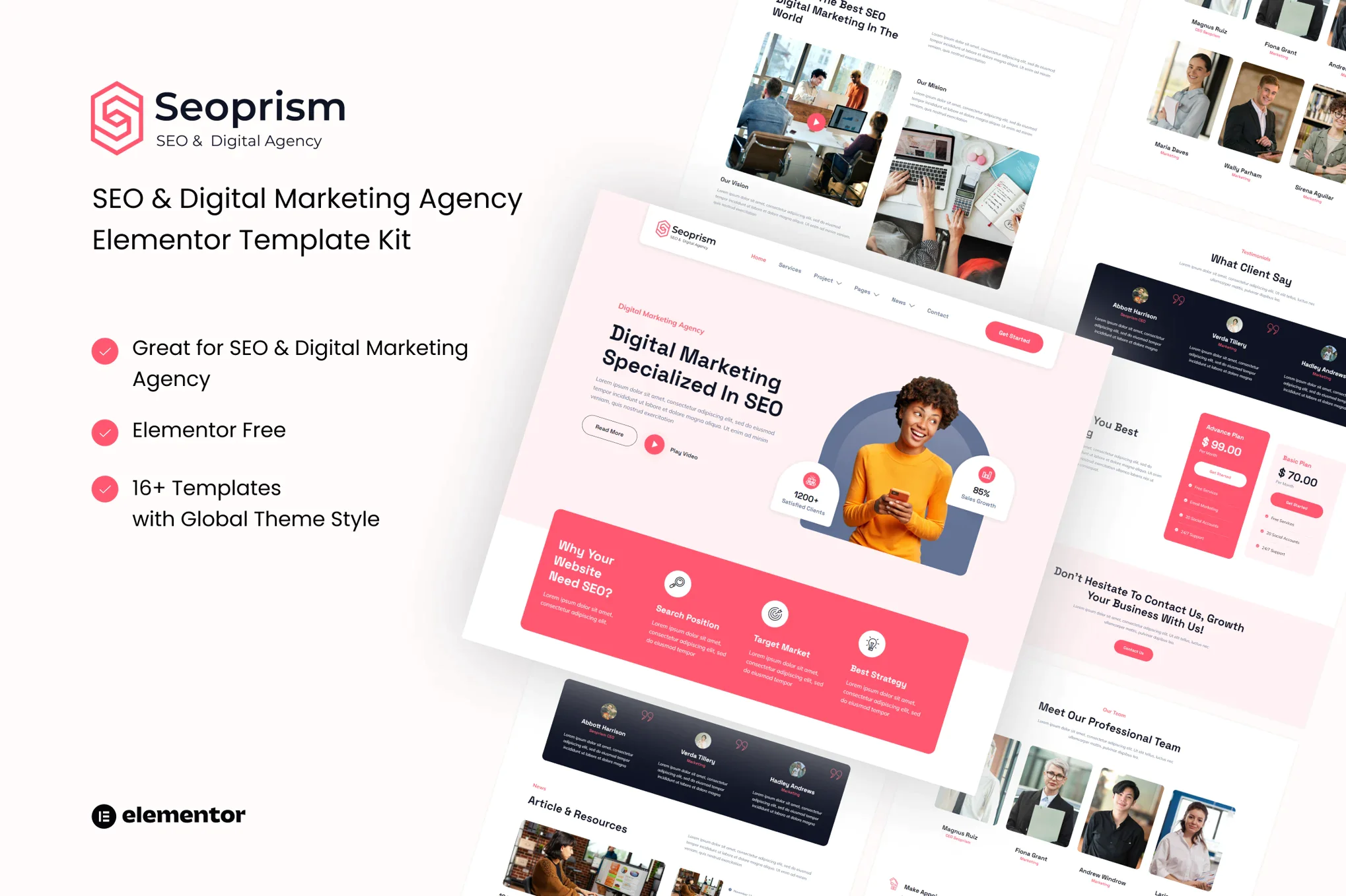 Seoprism - Kit de plantillas Elementor para agencias digitales y SEO