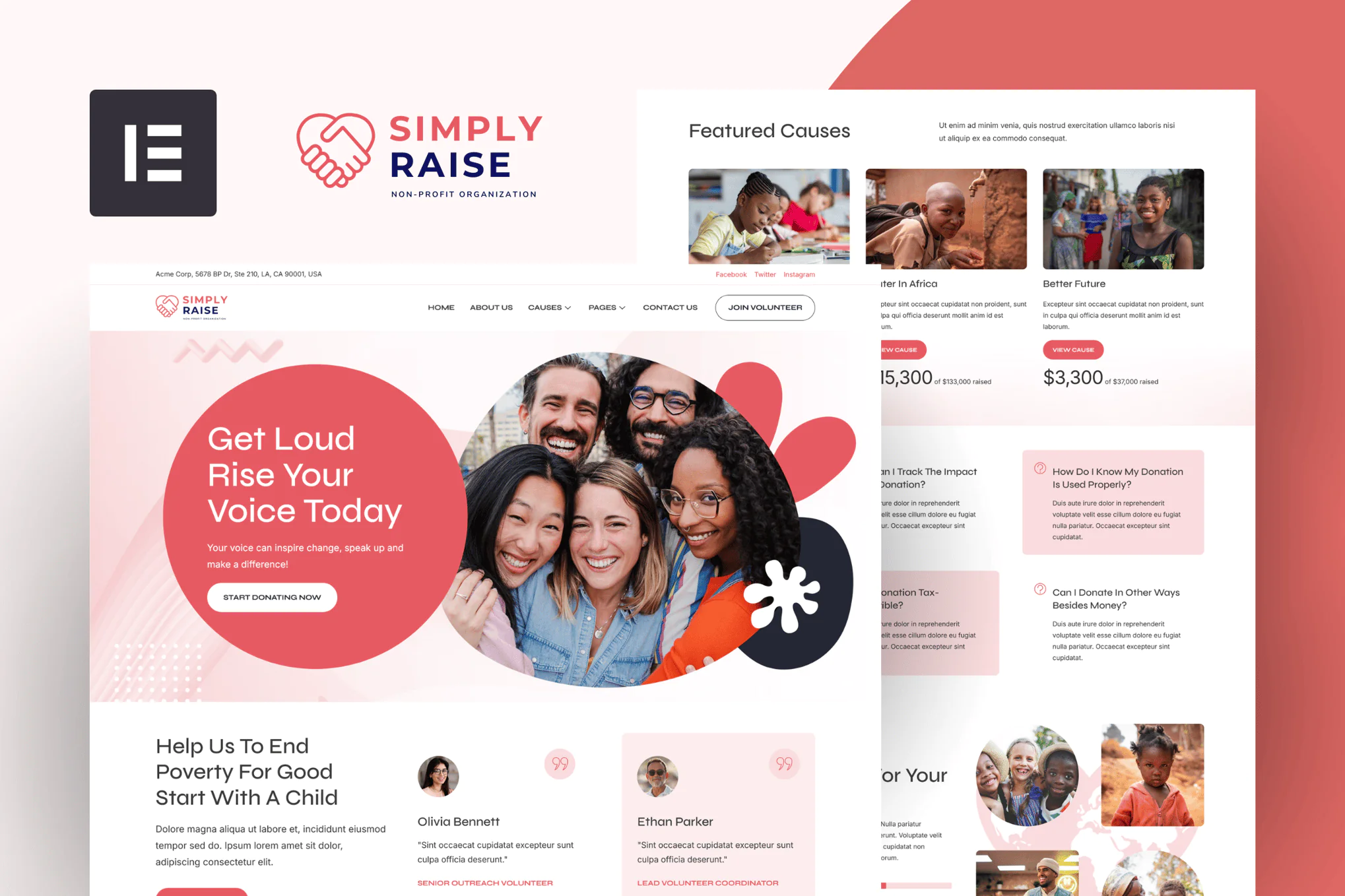 SimplyRise - Kit de plantillas Elementor para organizaciones benéficas y donaciones