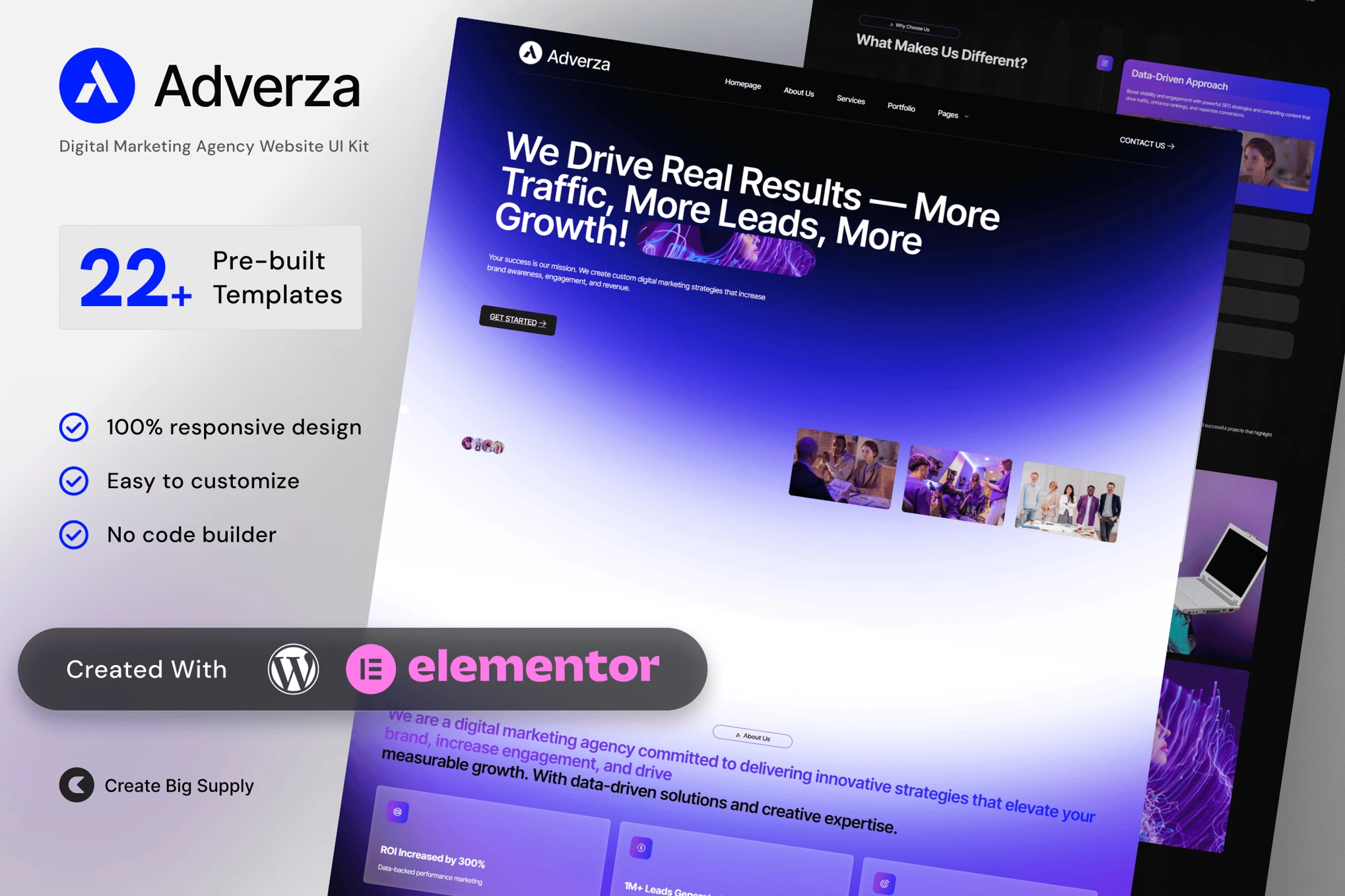 Adverza - Kit de plantillas Elementor para agencia de marketing digital