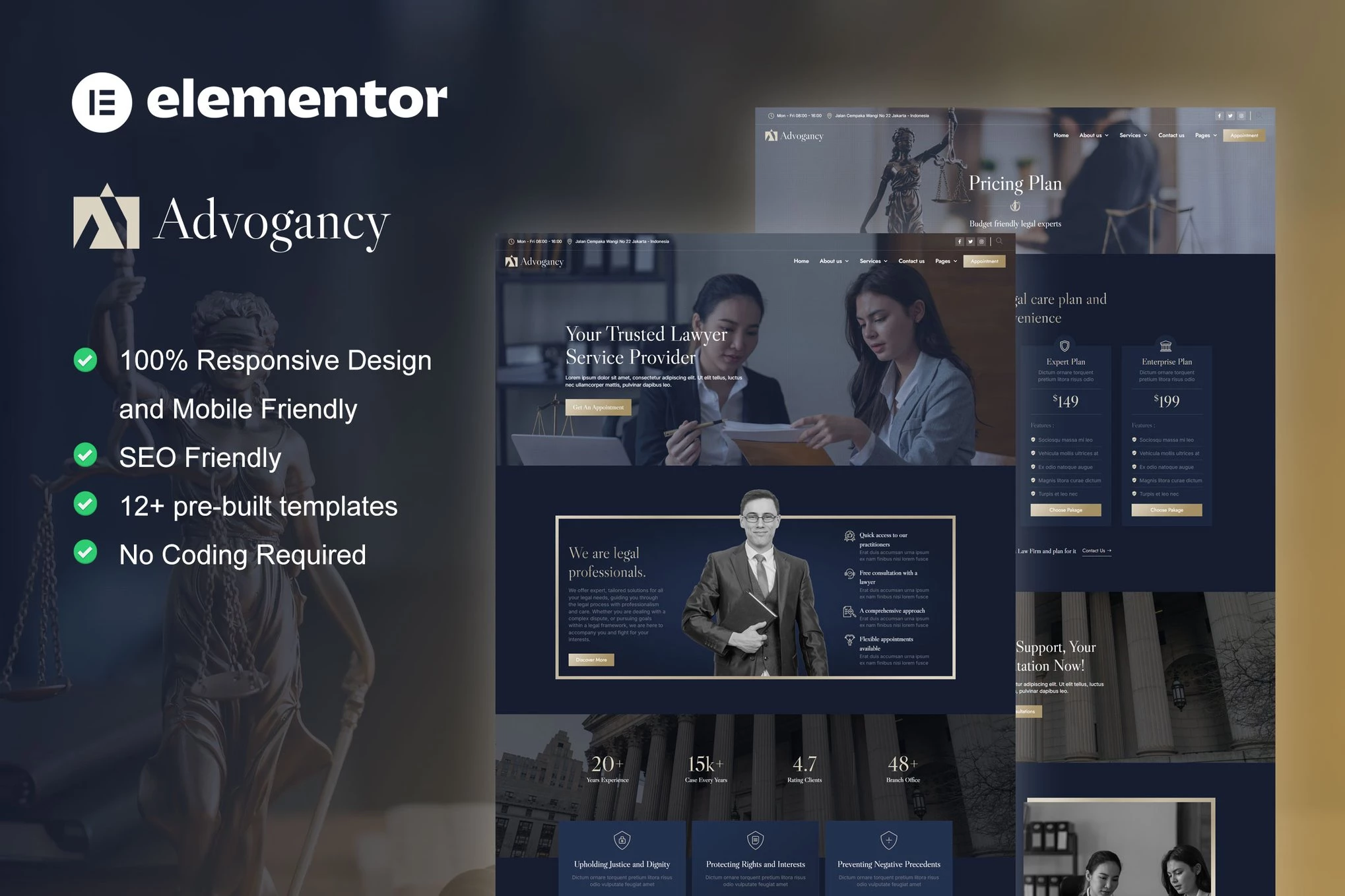 Advogancy - Kit de plantillas Elementor Pro para bufete de abogados