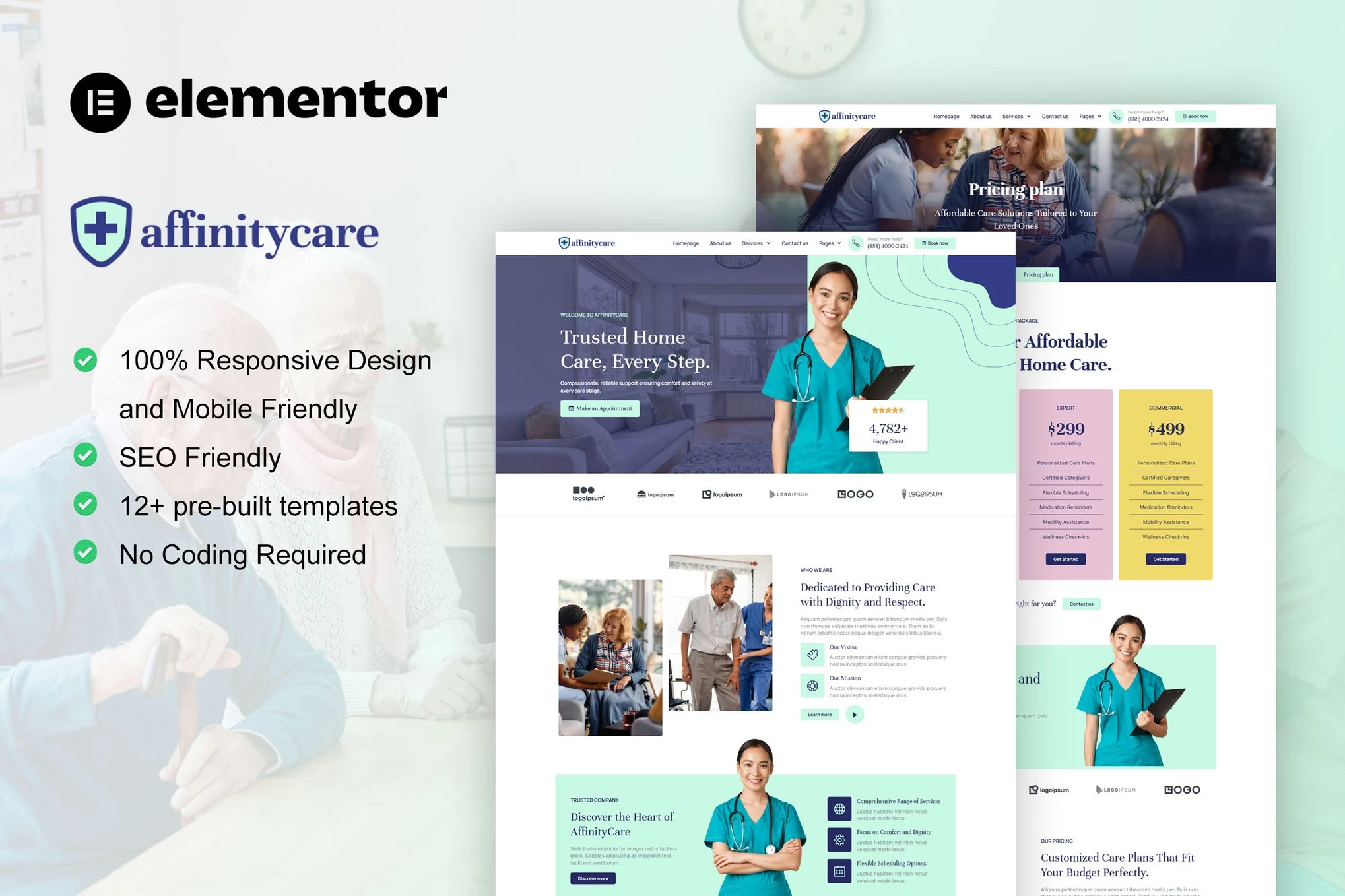 AffinityCare - Kit de plantillas Elementor para servicios de atención domiciliaria y enfermería privados