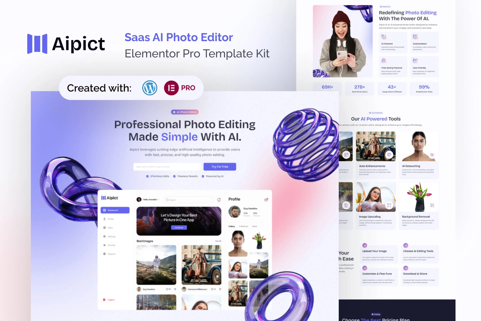 Aipict - Kit de plantillas Elementor Pro para sitios web de edición de fotos Saas AI