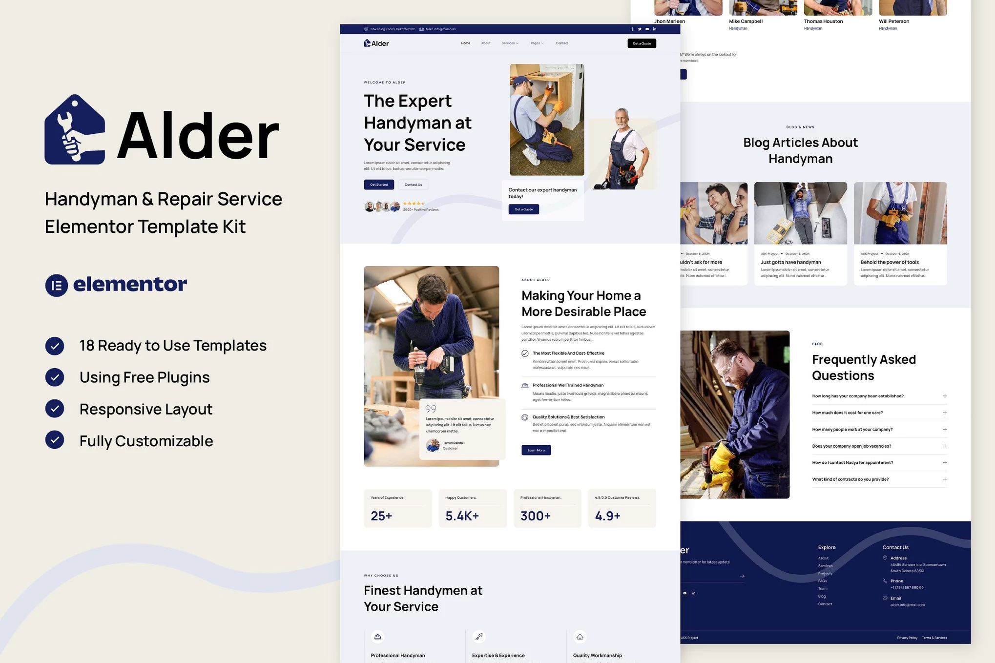 Alder - Kit de plantillas Elementor para Handyman & Repair Service