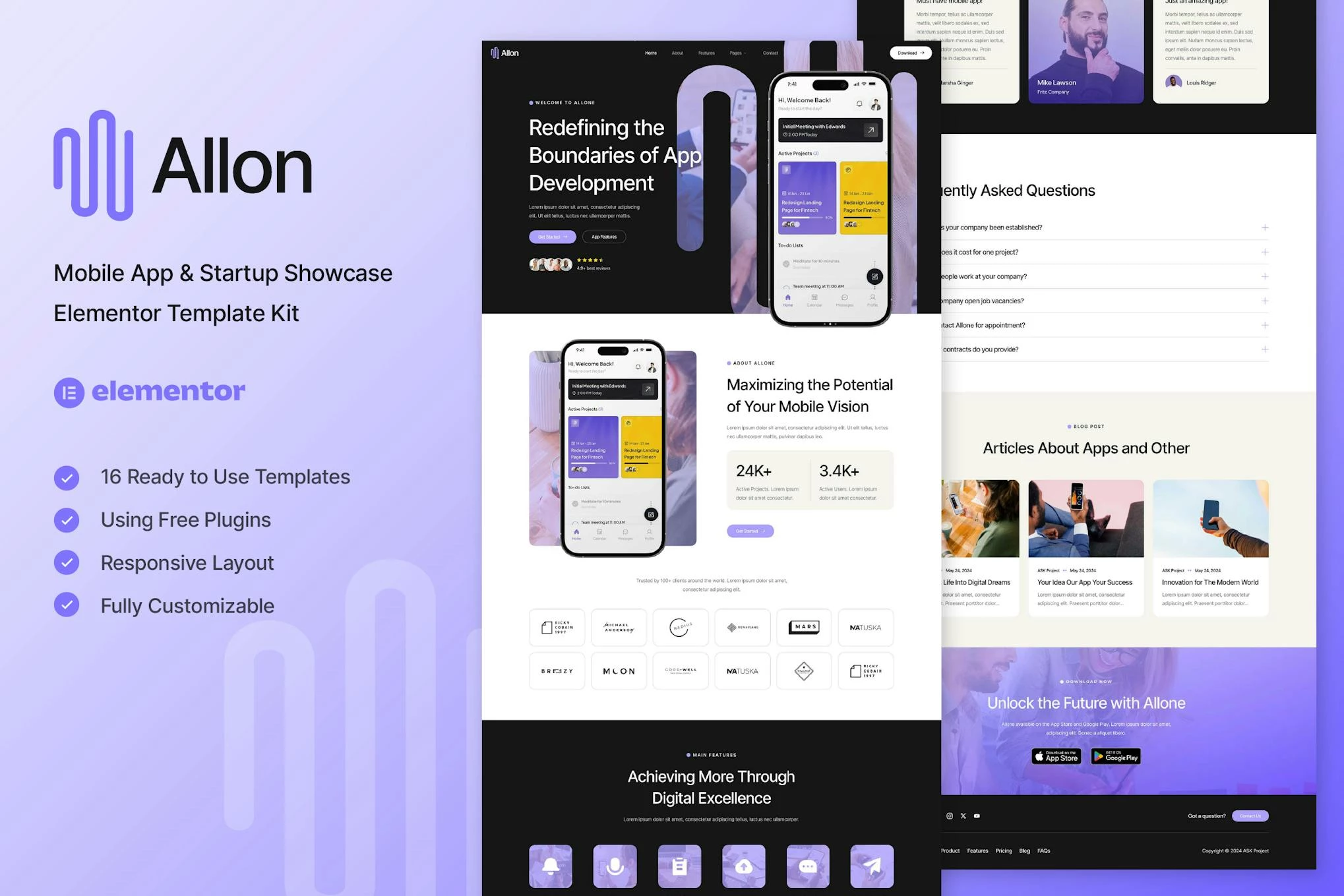 Allon - Kit de Plantillas Elementor para Presentaciones de Aplicaciones Móviles y Startups
