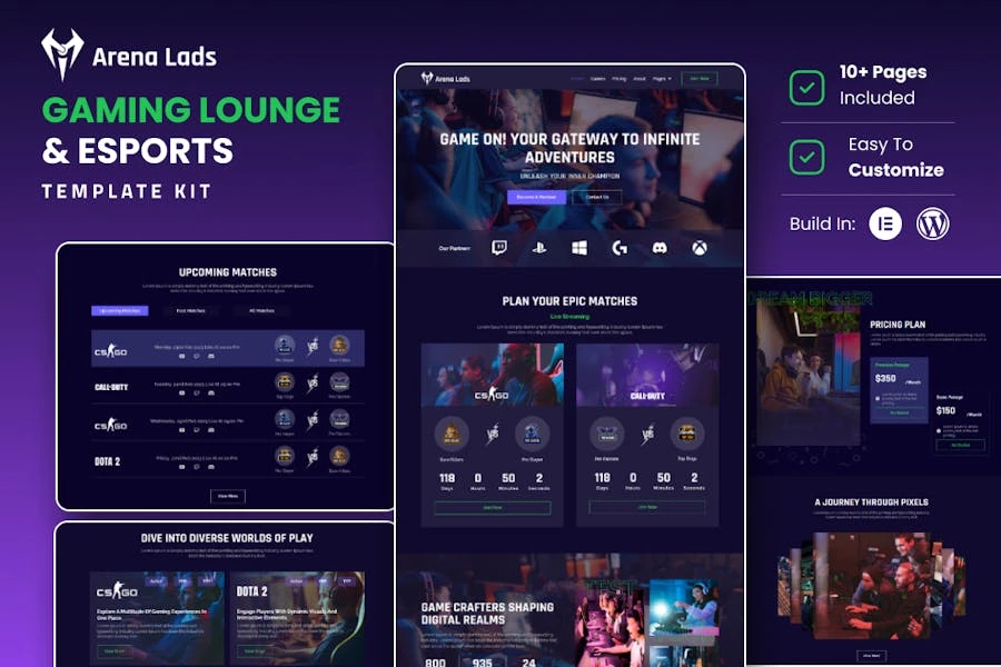 Arena Lads - Kit de plantillas Elementor para deportes electrónicos y videojuegos