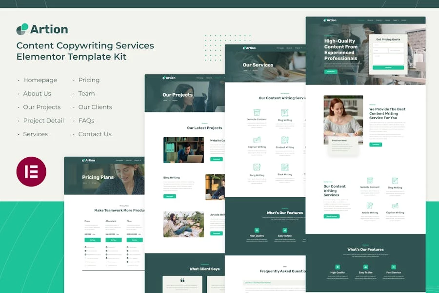 Artion | Kit de plantillas Elementor de servicios de redacción de contenido