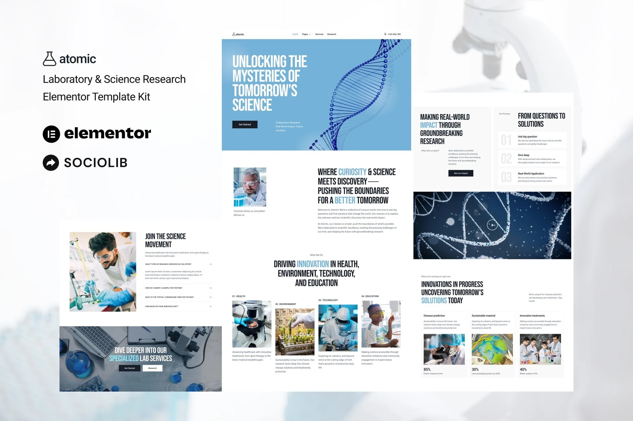 Atomic - Kit de plantillas Elementor para investigación científica y de laboratorio