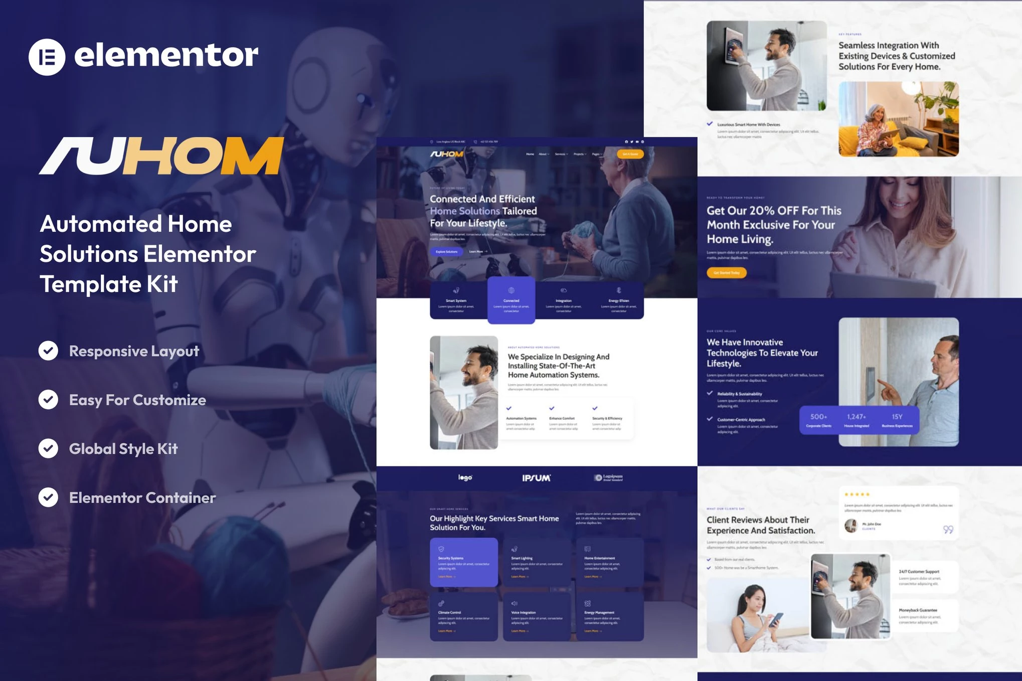 Auhom - Kit de plantillas Elementor para automatización del hogar inteligente