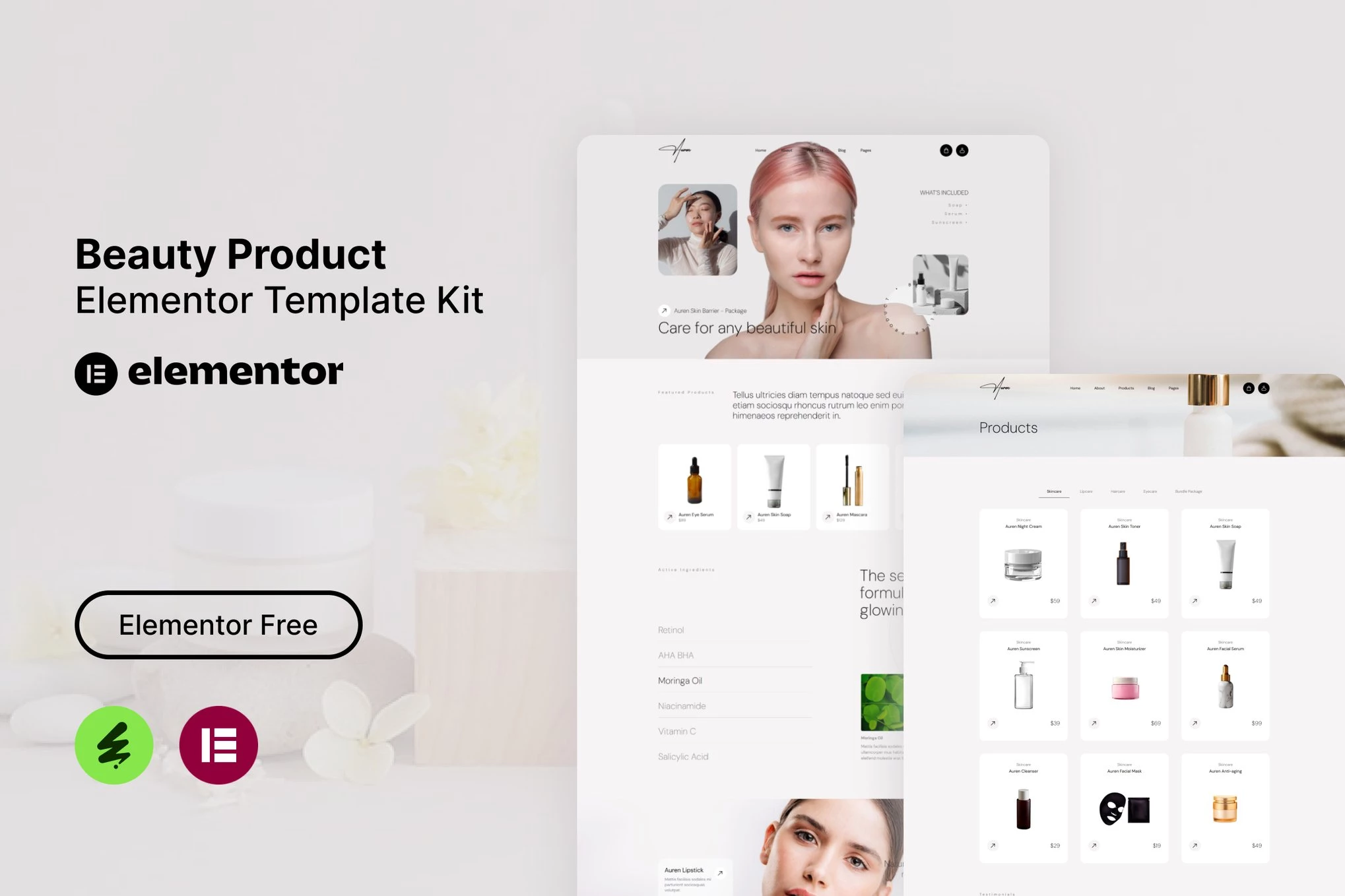 Auren - Kit de plantillas Elementor para productos de belleza
