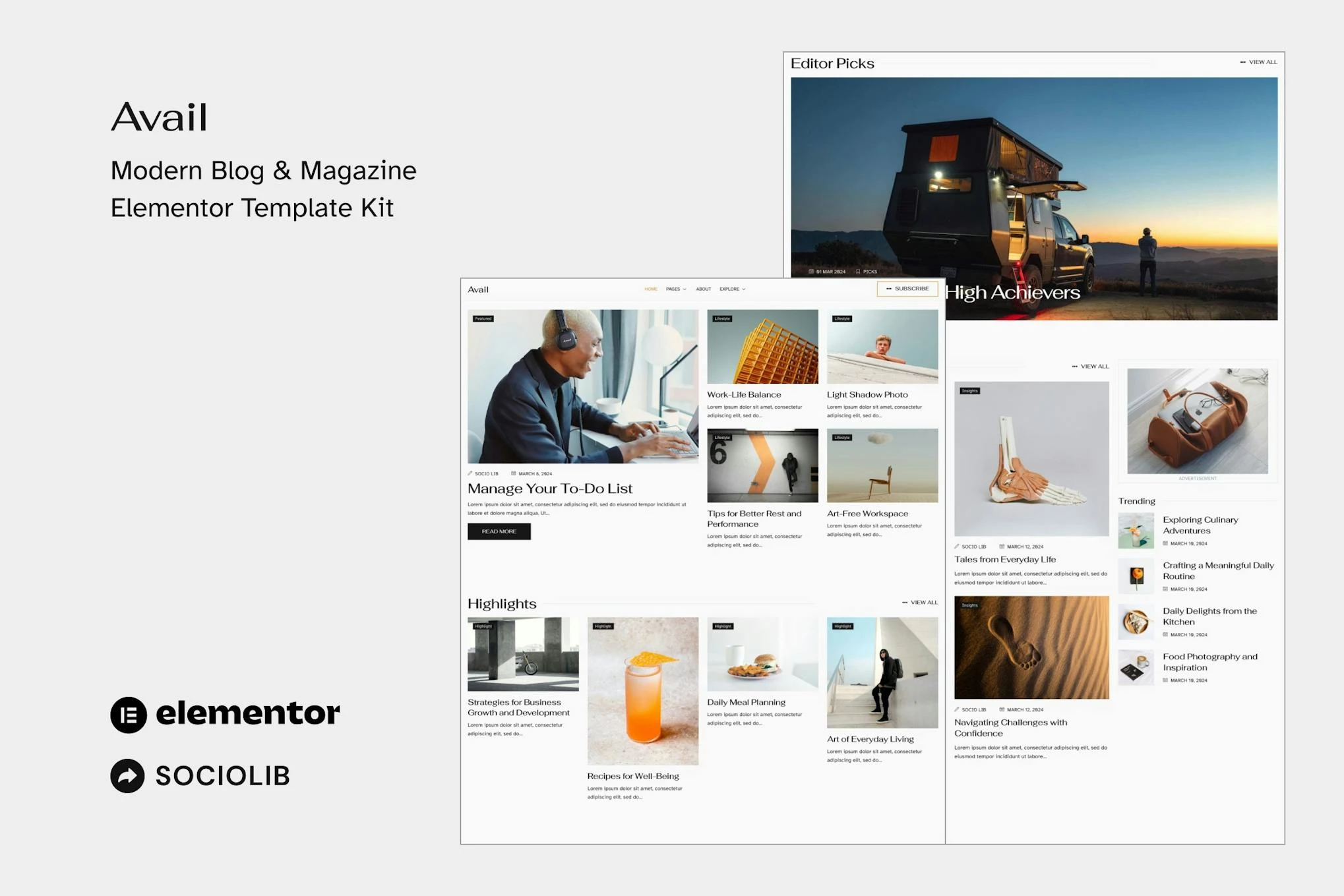 Avail - Kit moderno de plantillas Elementor para blogs y revistas
