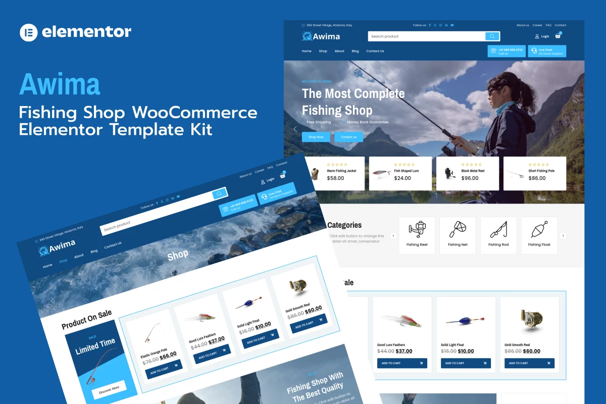 Awima - Kit de plantillas WooCommerce Elementor Pro para tienda y tienda de pesca