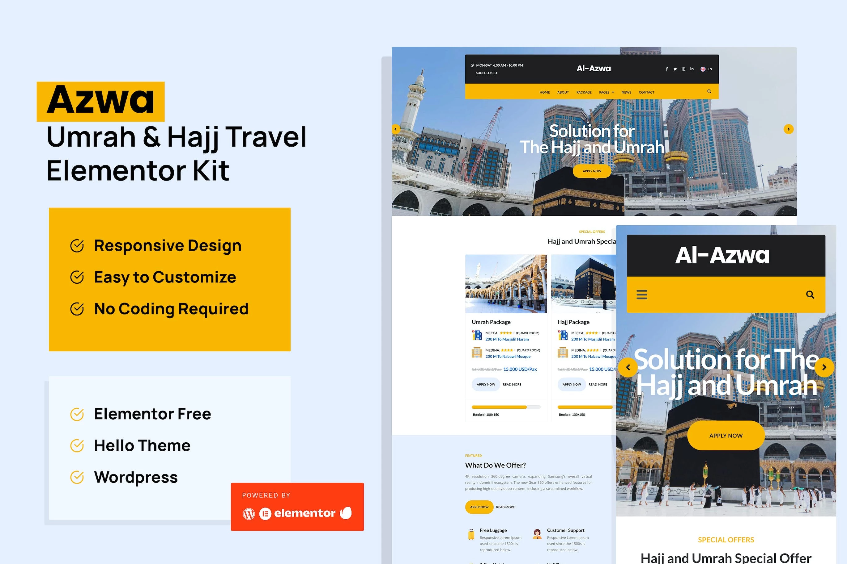 Azwa - Kit de plantillas Elementor para viajes de Umrah y Hajj