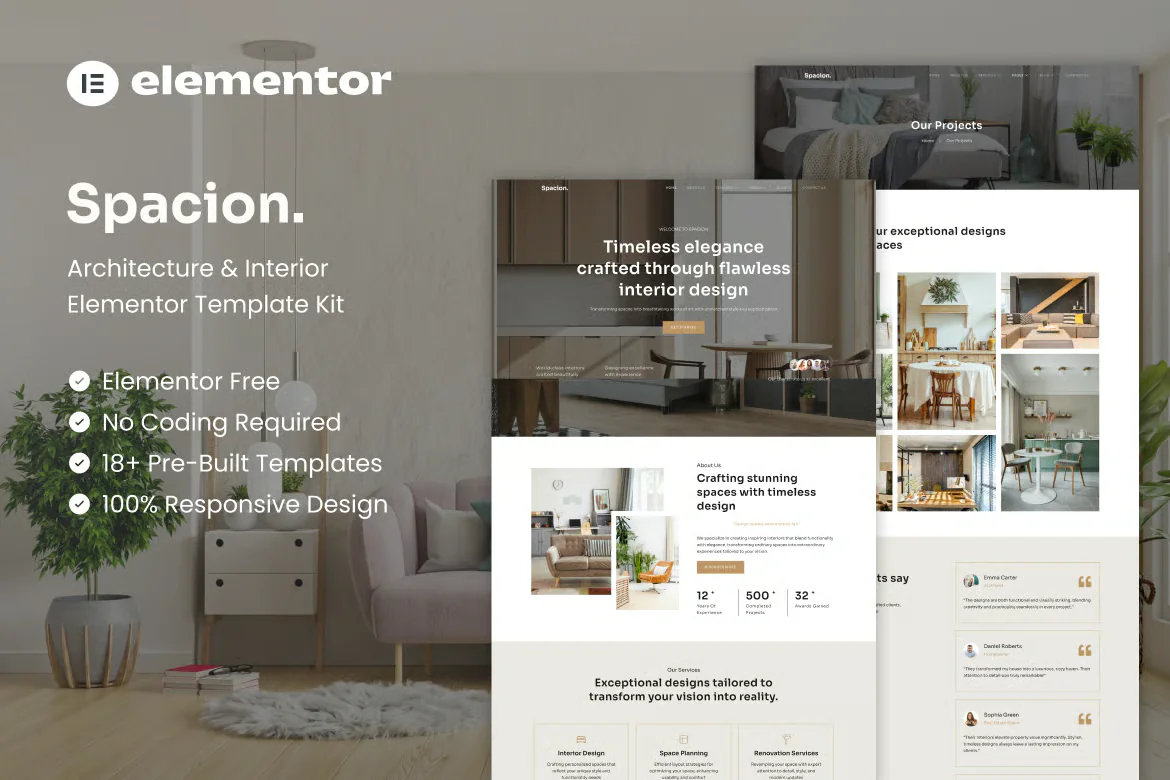 Spacion - Kit de plantillas Elementor para arquitectura e interior