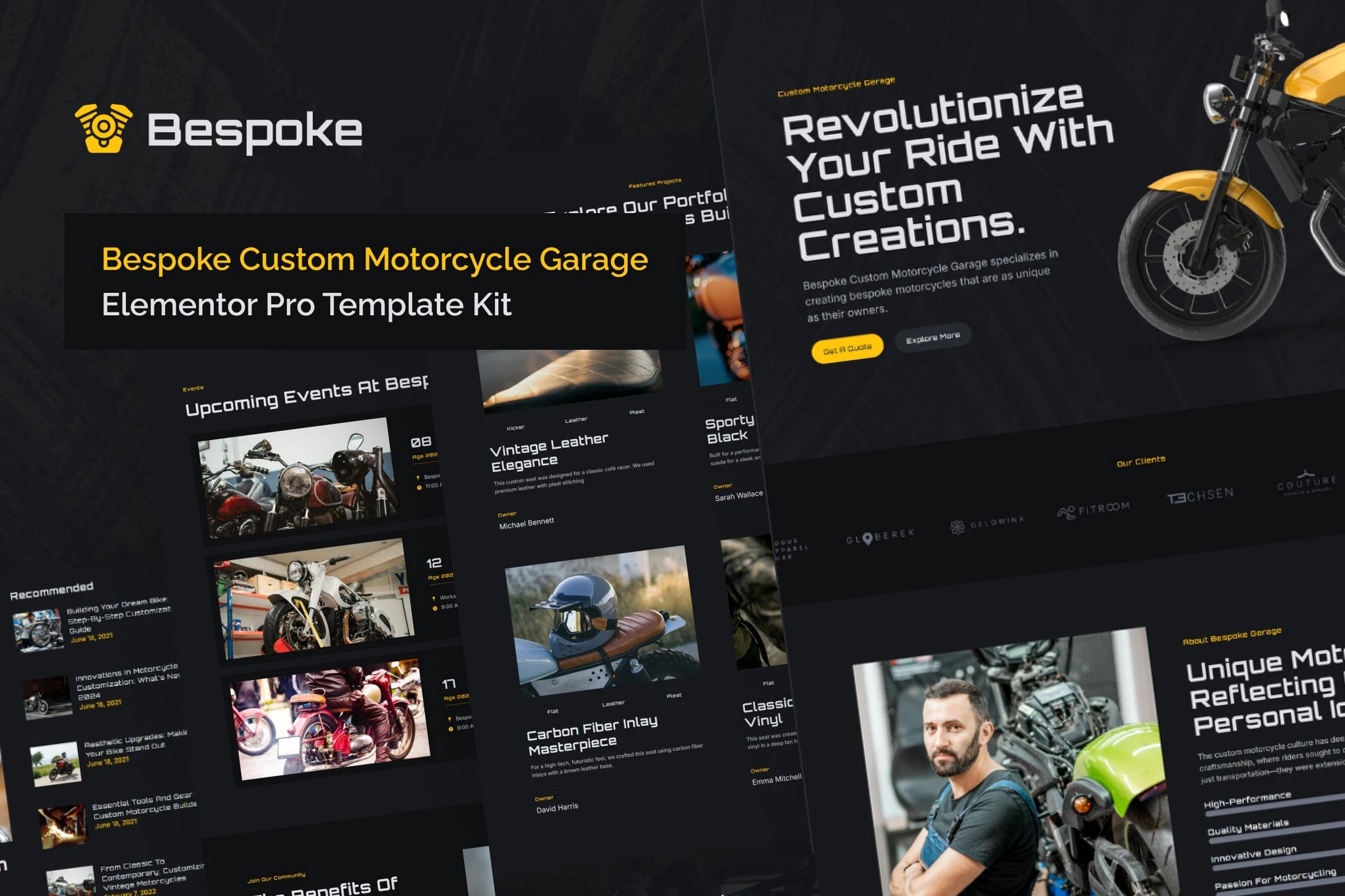 Bespoke - Kit de plantillas Elementor Pro personalizadas para garaje de motocicletas