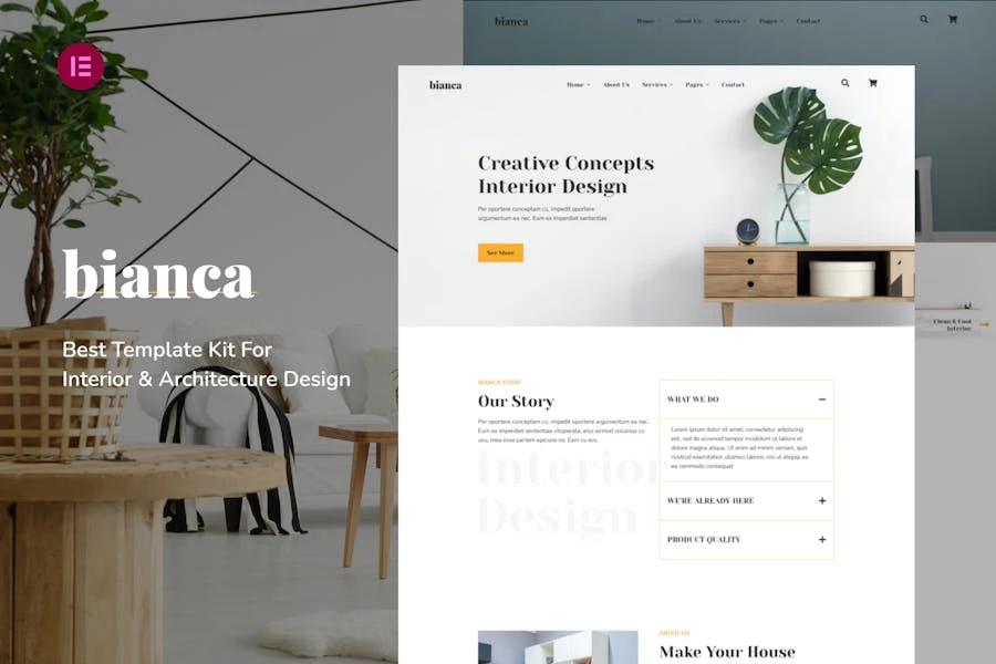 Bianca - Kit de plantillas Elementor Pro para agencia de arquitectura y diseño de interiores