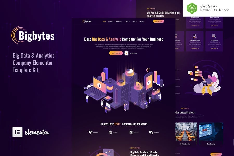 Bigbytes — Kit de plantillas Elementor para empresas de macrodatos y análisis