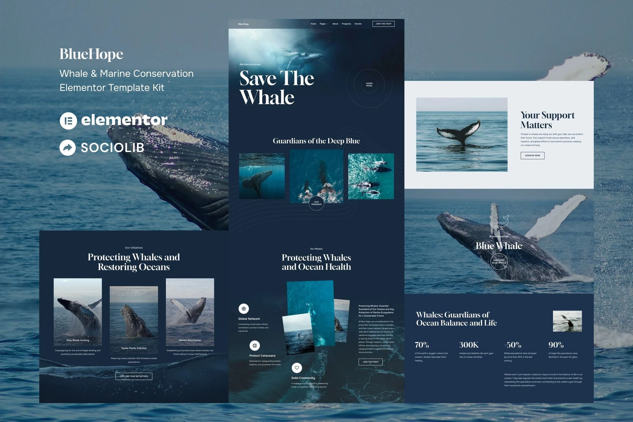 BlueHope - Kit de plantillas Elementor para la conservación de ballenas y mares