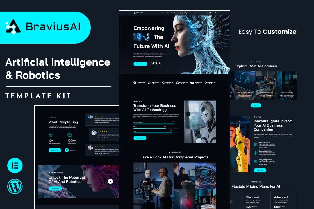 BraviusAI — Kit de plantillas Elementor para IA y robótica