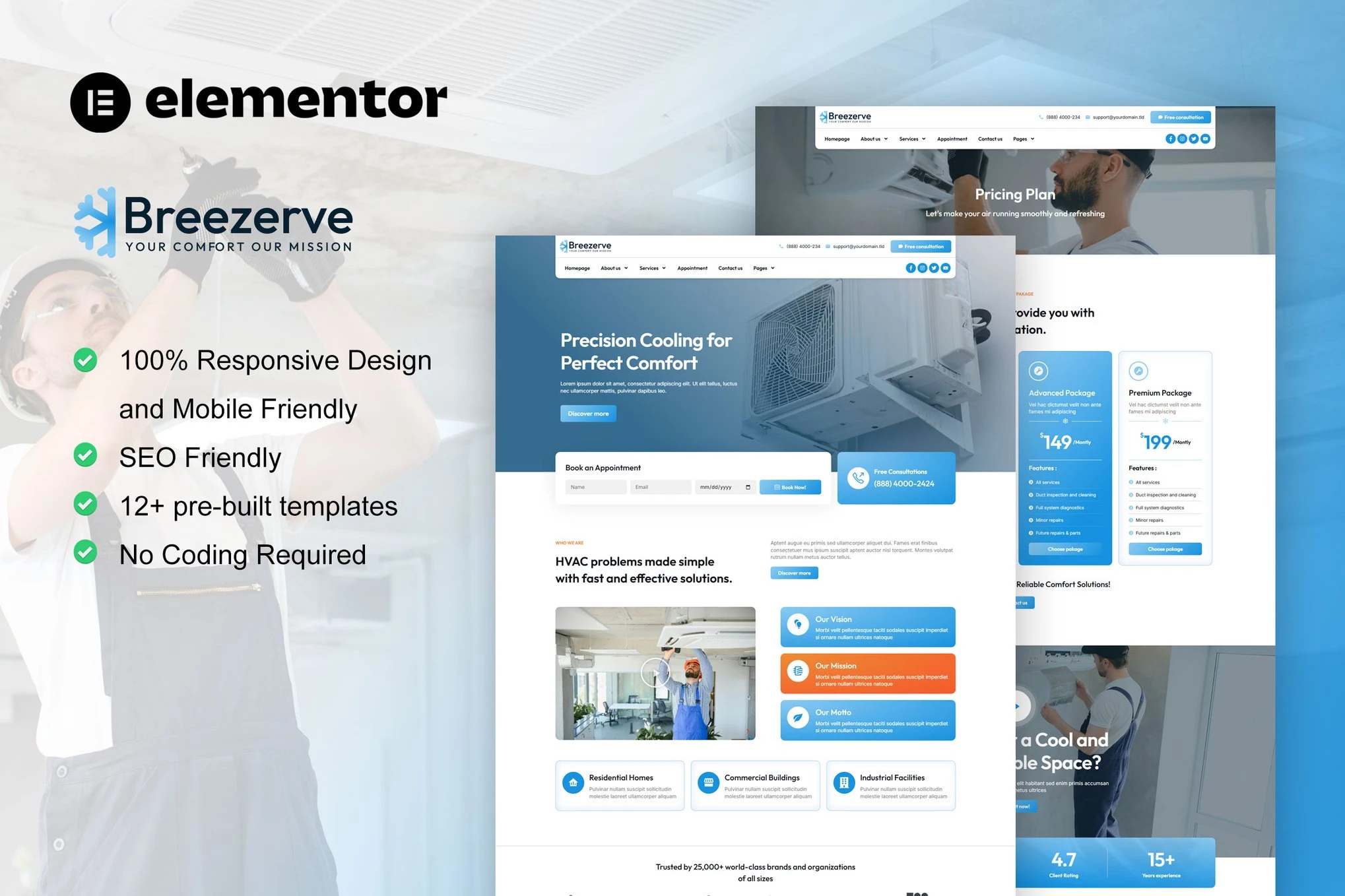 Breezerve - Kit de plantillas Elementor Pro para reparación de aire acondicionado y HVAC