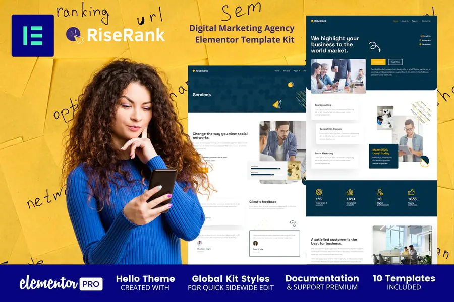 Riserank - Kit de plantillas Elementor Pro para agencia de marketing digital