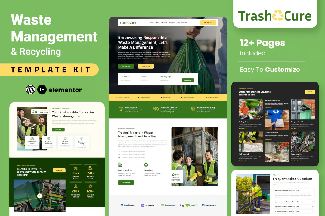 Trashcure — Kit de plantillas Elementor para el servicio de gestión de residuos y reciclaje