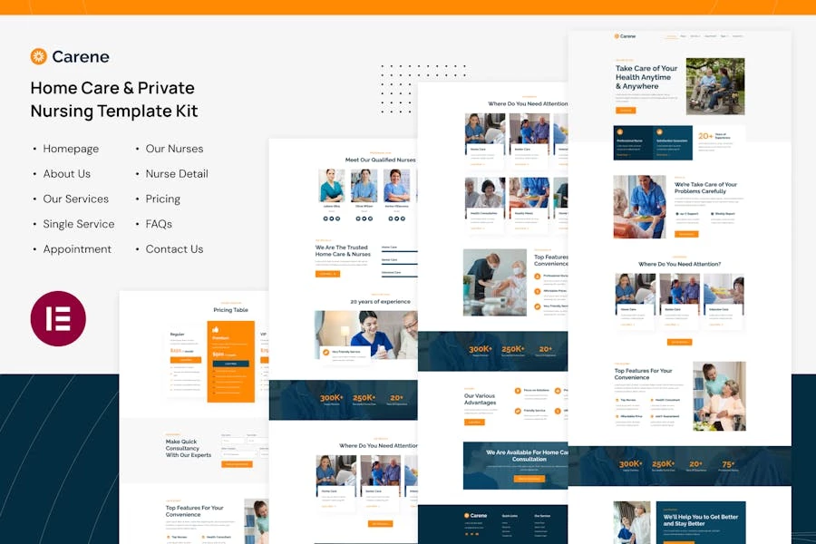 Carene - Template Kit Elementor Pro para servicios de atención domiciliaria y servicios de enfermería privados
