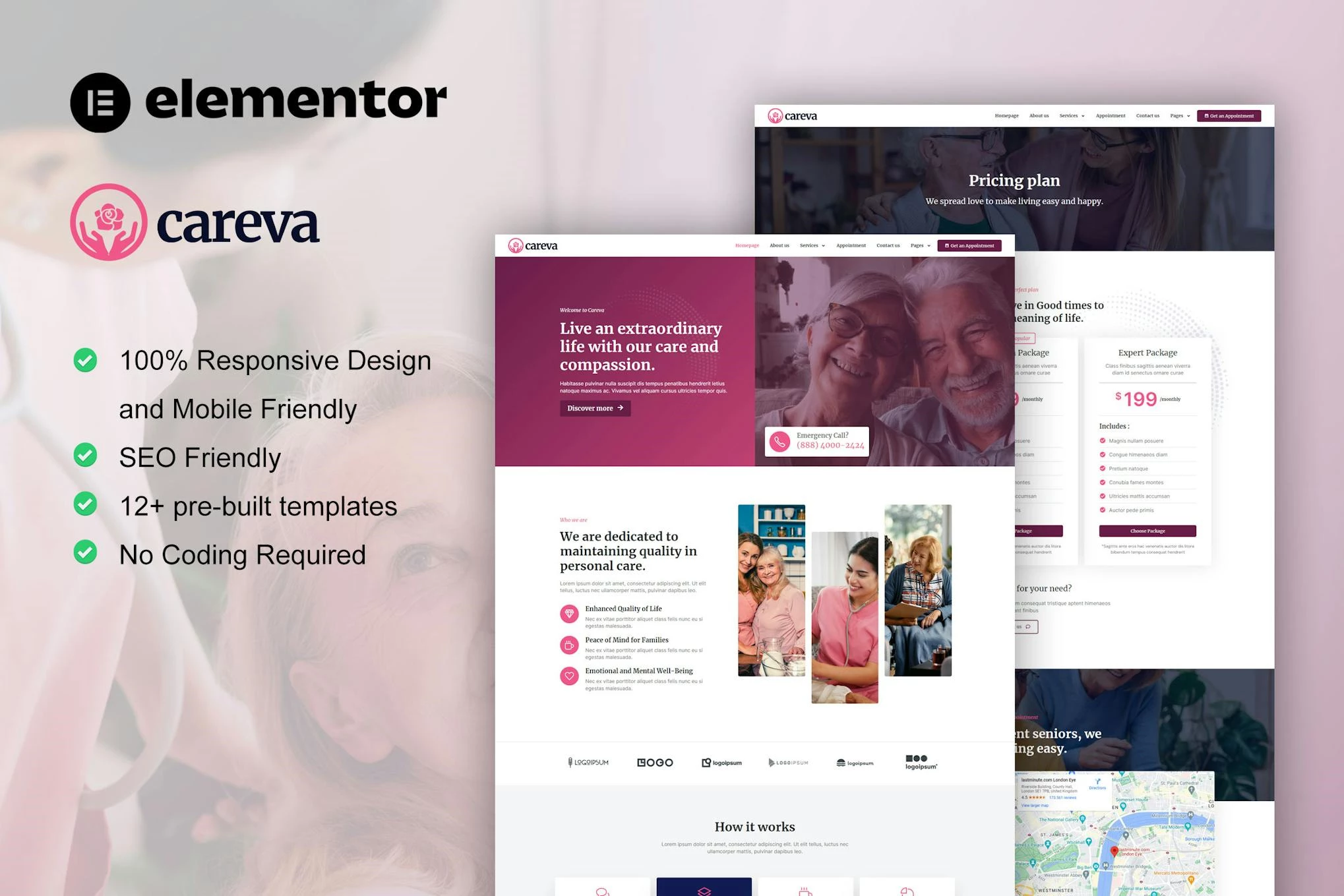 Careva - Kit de plantillas Elementor Pro para servicios de cuidado de personas mayores