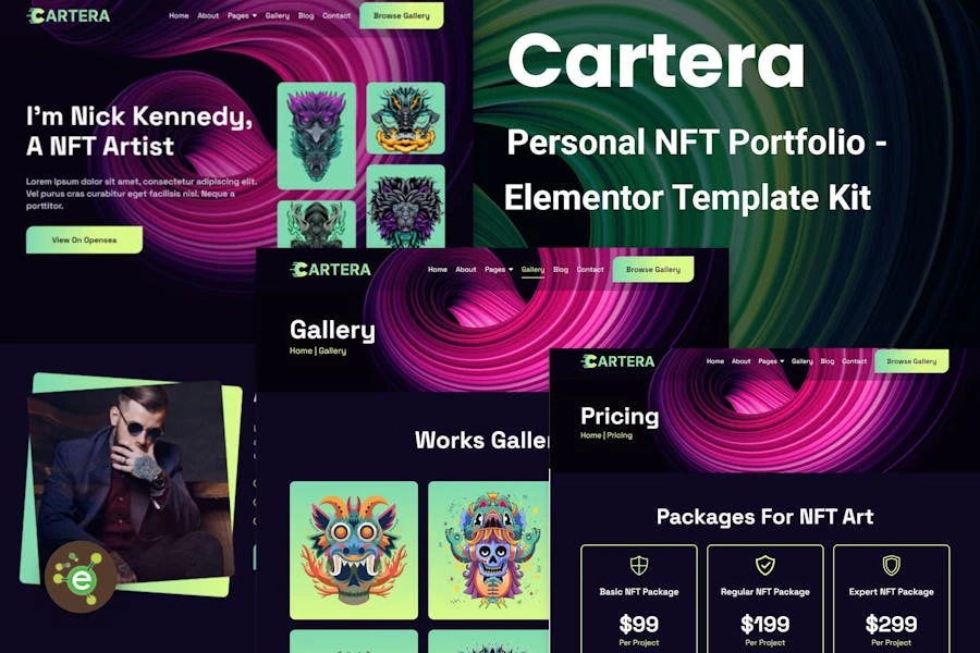 Cartera - Template Kit Elementor para Porfolio personal de NFT