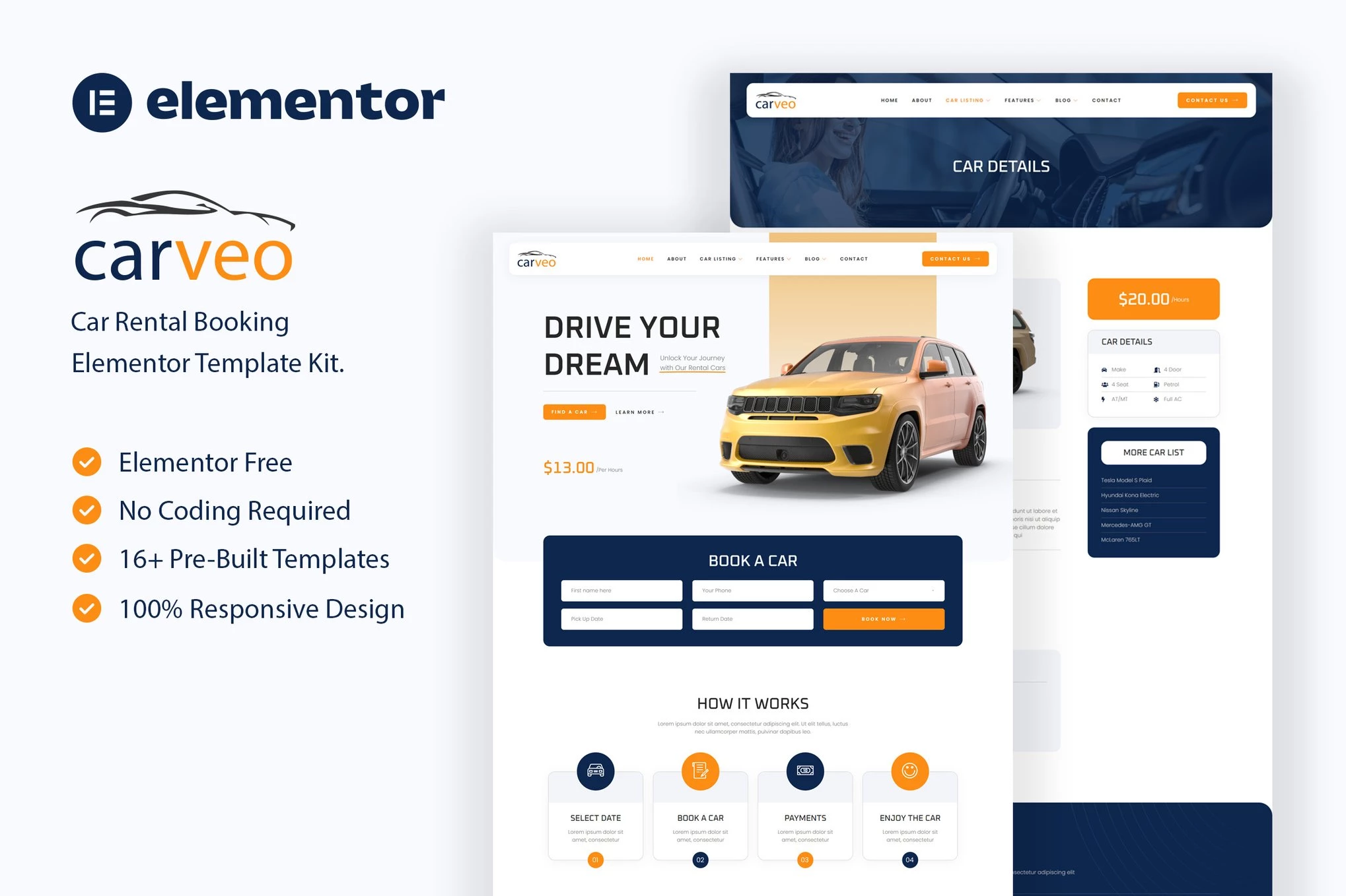 Carveo - Kit de plantillas Elementor para alquiler de coches