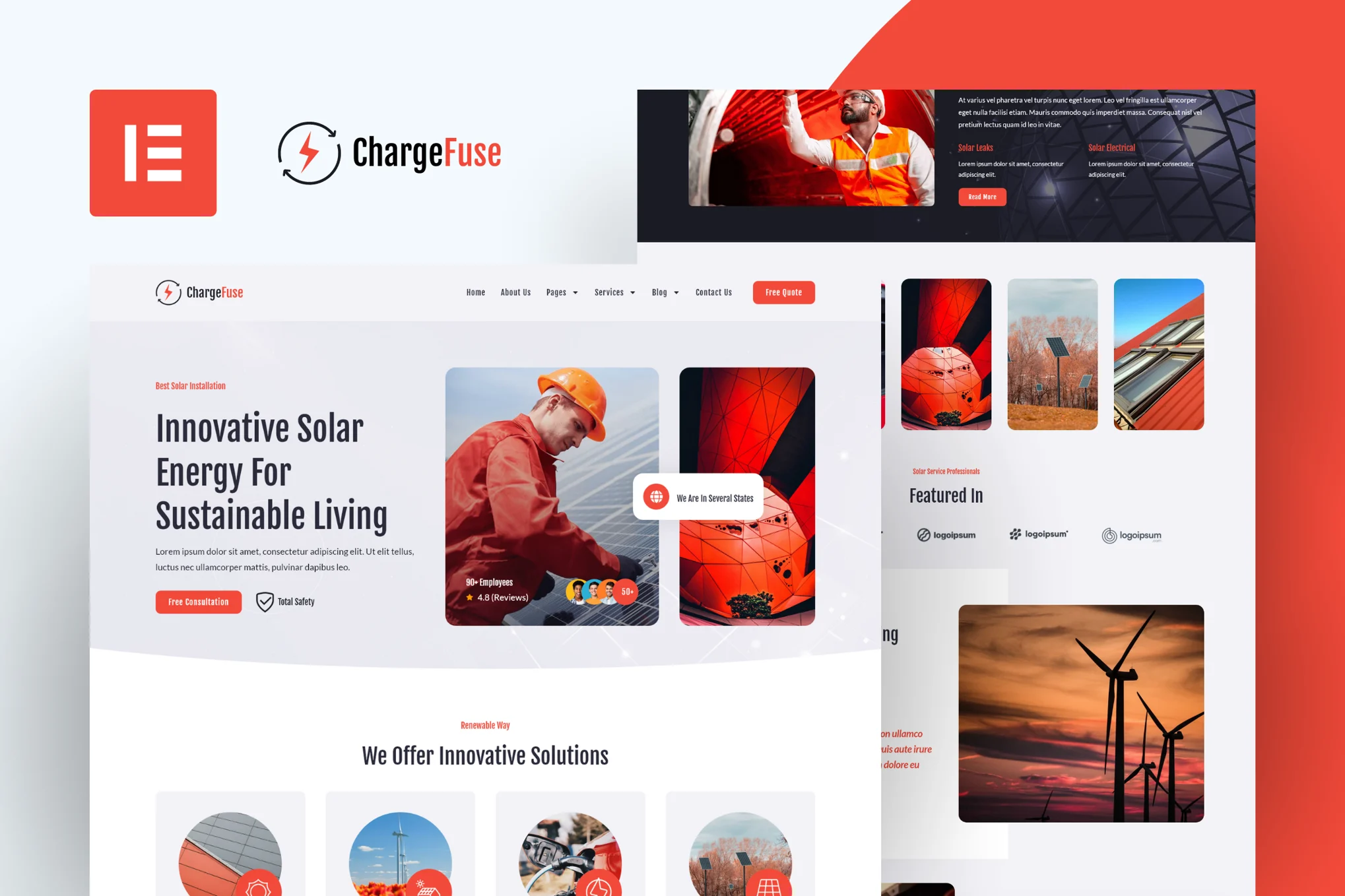 ChargeFuse - Kit de plantillas Elementor Pro para instalación y mantenimiento de paneles solares