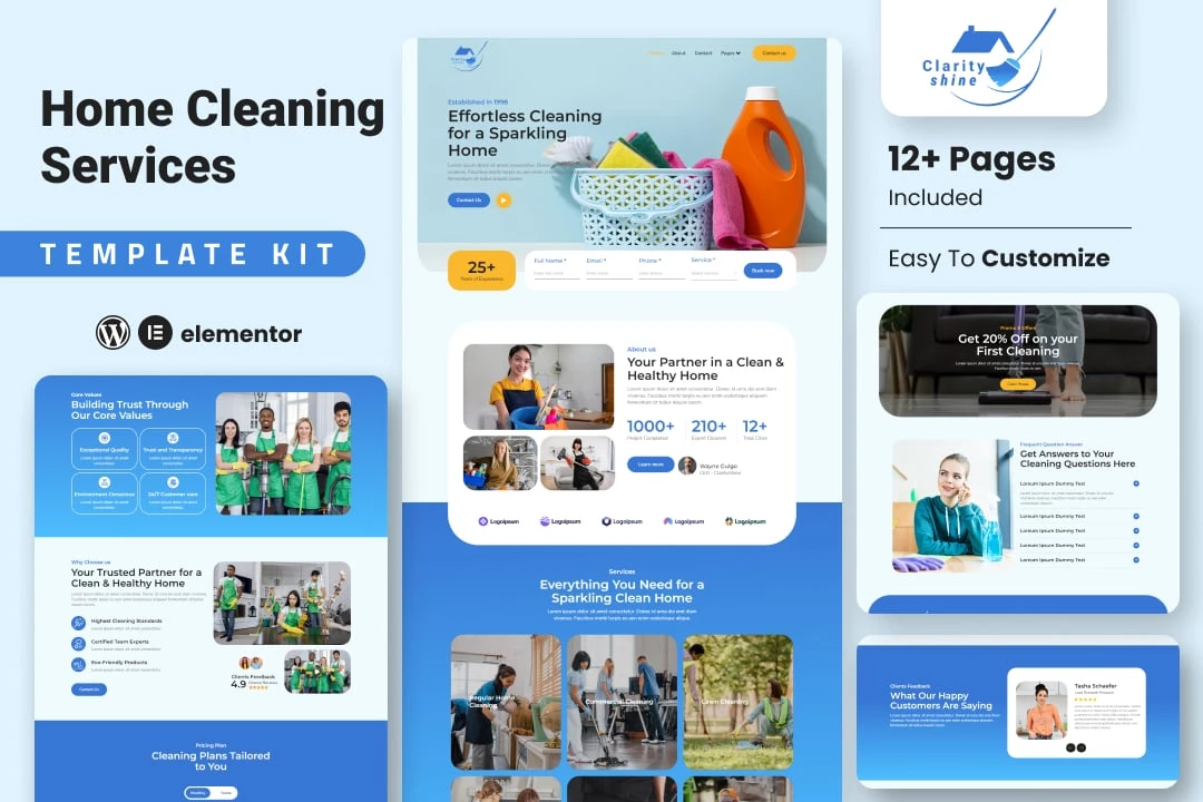 ClarityShine - Kit de plantillas Elementor para empresas de servicios de limpieza