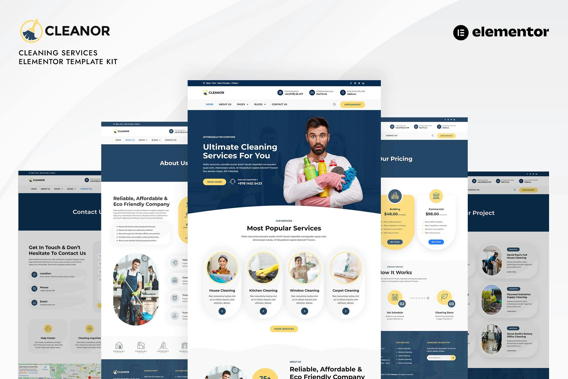 Cleanor - Kit de plantillas Elementor Pro para servicios de limpieza