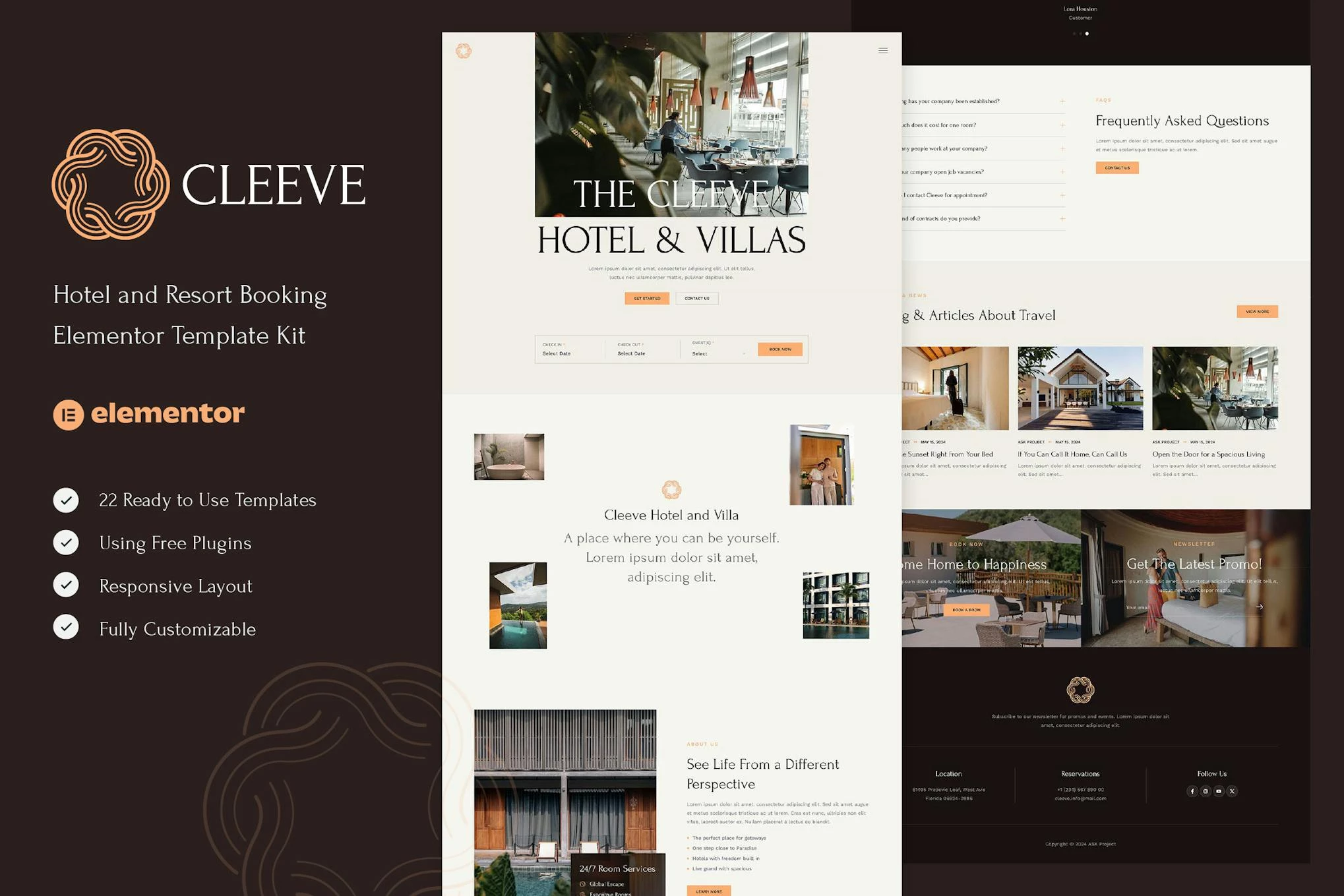 Cleeve - Kit de plantillas Elementor para reservas de hoteles y complejos turísticos