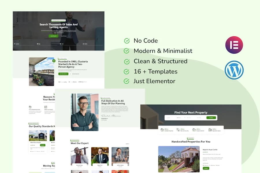 Clusteria - Template Kit Elementor Pro para bienes raíces y propiedades