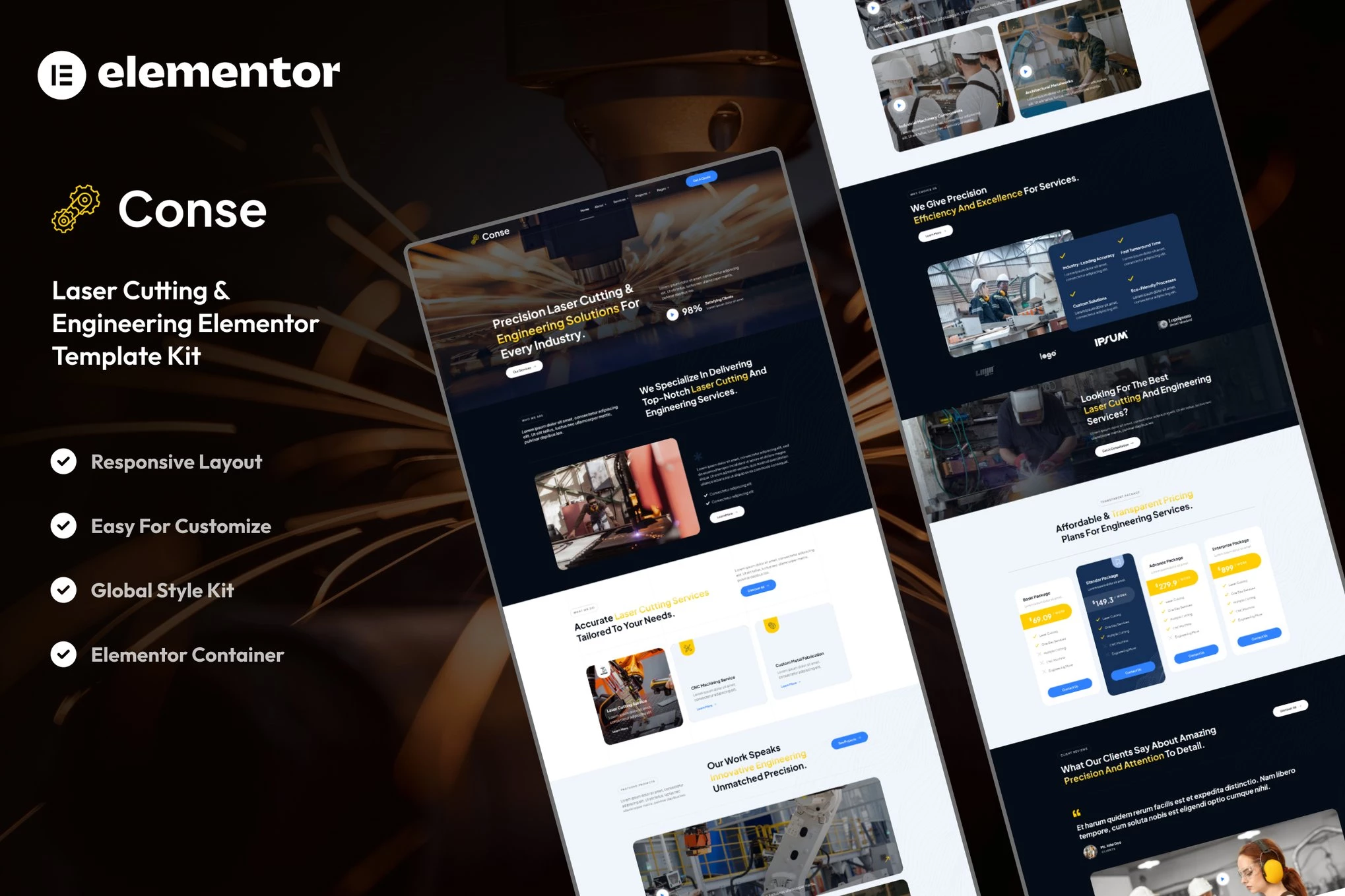 Conse - Kit de plantillas Elementor para servicios de corte industrial y láser