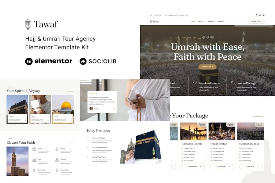 Tawaf - Kit de plantillas Elementor para la agencia de viajes Hajj y Umrah