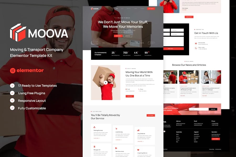 Moova - Kit de plantillas Elementor para empresas de mudanzas y transporte
