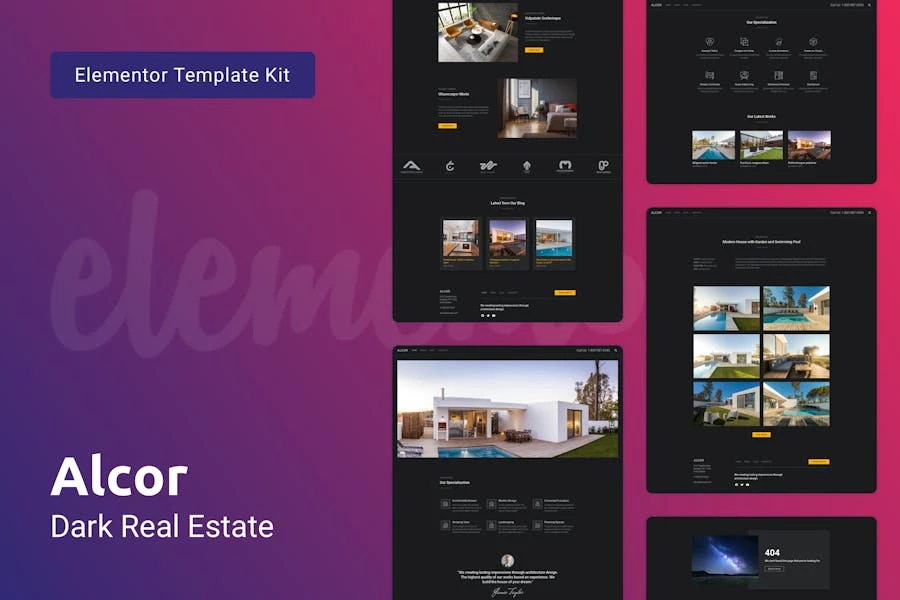 Alcor — Kit de plantillas Dark Real Estate Elementor