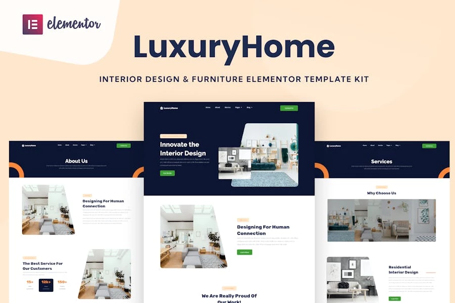 LuxuryHome - Kit de plantillas Elementor para diseño de interiores y muebles