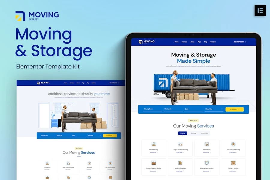 MovingExpress - Kit de plantillas Elementor para empresas de mudanzas y almacenamiento